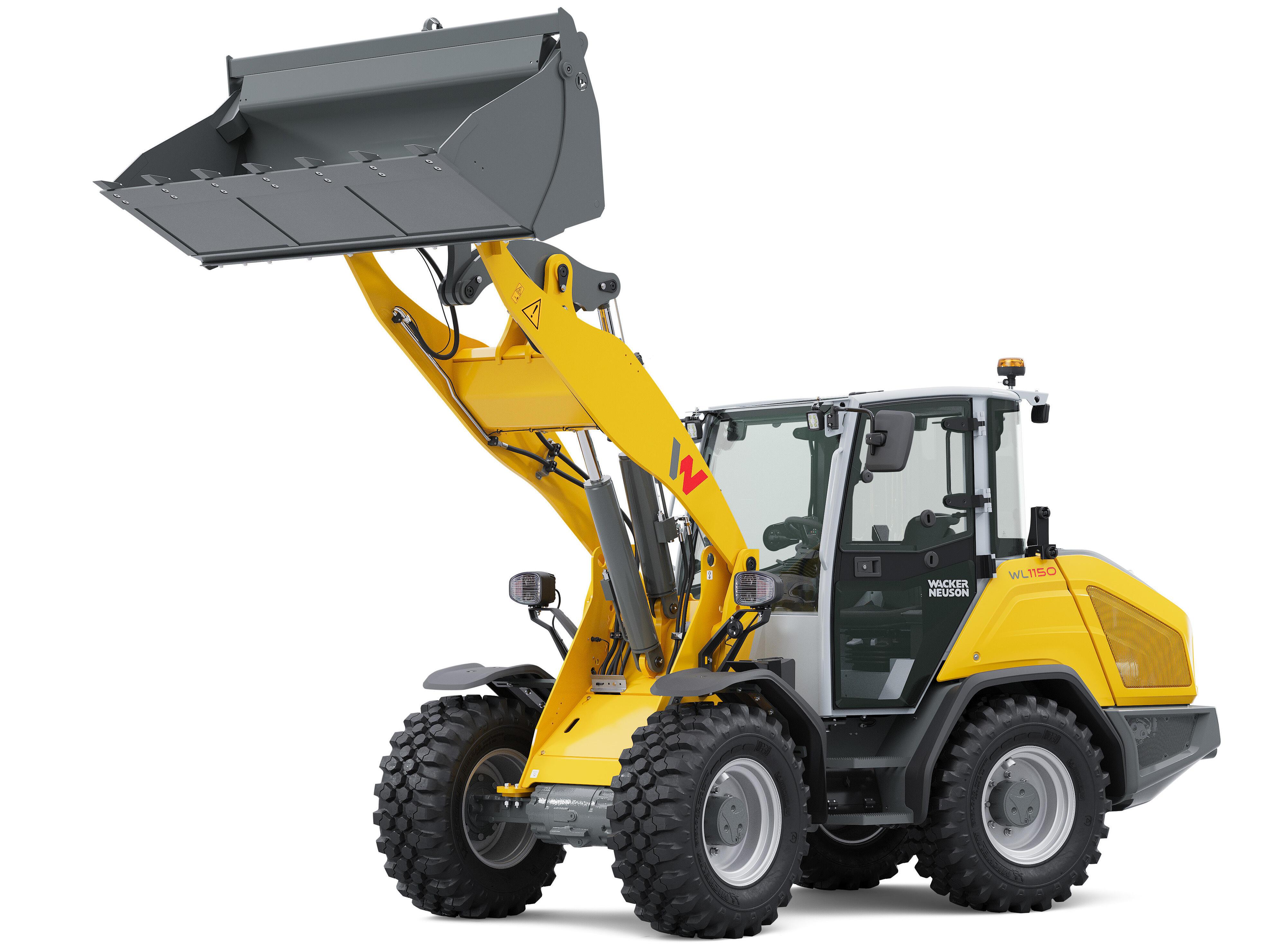 yellow wheel loader with bucket infront of white background